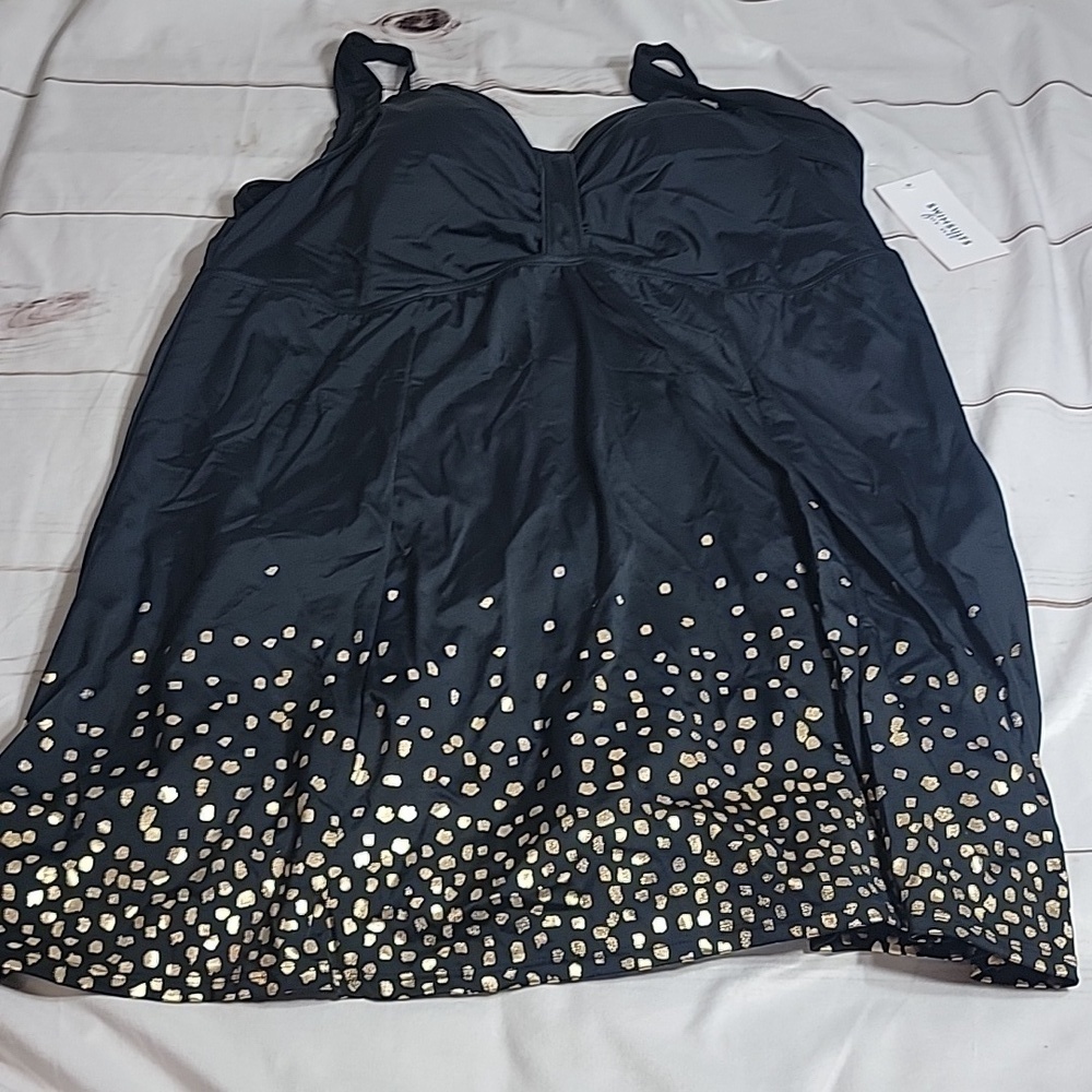 NWT Swimsuits For All Retro Swim Dress Womens 26 Black Gold Foil Plus Size